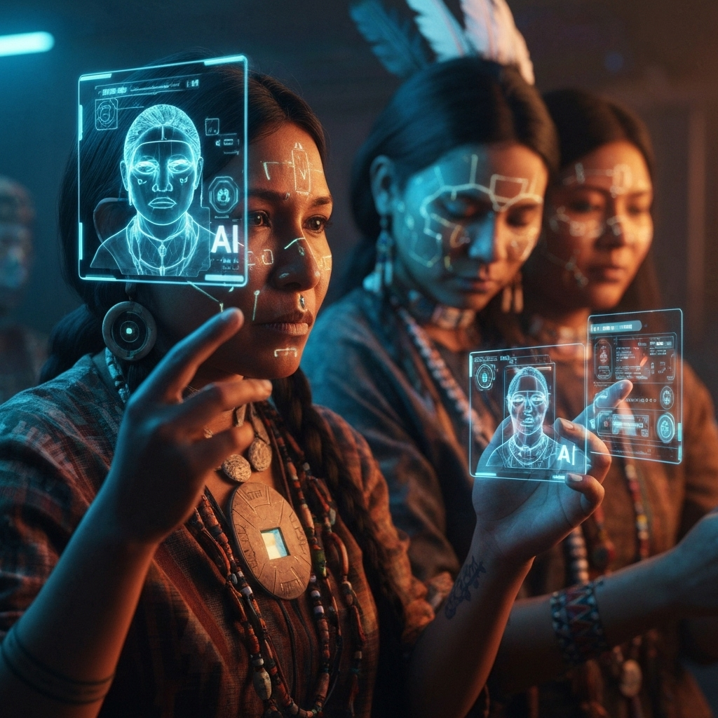 Futuristic Caddo people interfacing with AI technology, blending traditional geometric patterns with holographic displays and digital interfaces